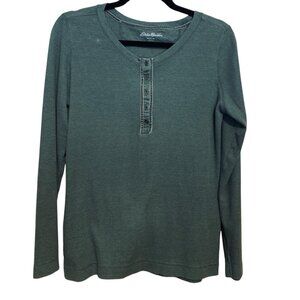 ASO Eddie‎ Bauer ATL Bella Swan Olive Green Waffle Henley 3/4 Buttons Size Large